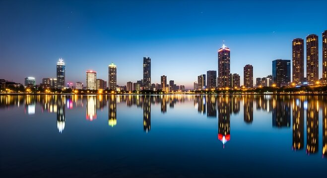 A serene city skyline at dusk with skyscrapers reflected in calm water