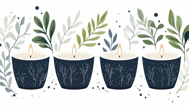 Four lit candles in dark blue holders, decorated with white branches and dots, with green and gray leaves