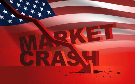 Downward arrow chart crashing, with the words Market Crash and USA flag displayed in red behind it. Illustrating economic downturns, financial crisis, or stock market failures