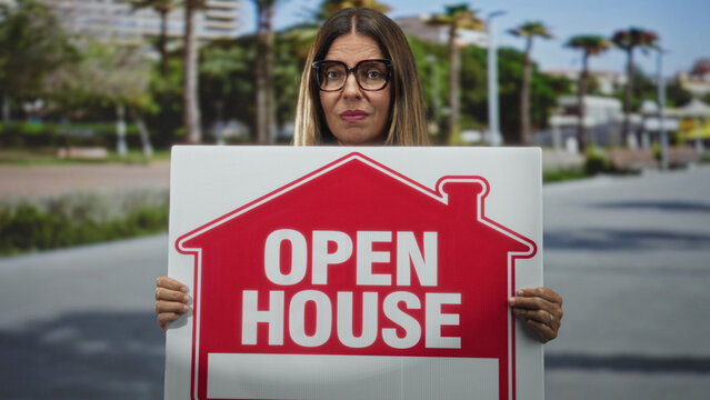 Middle aged hispanic woman holding open house sign with visible hands and a ring on finger on street near building entrance; community trust welcoming.