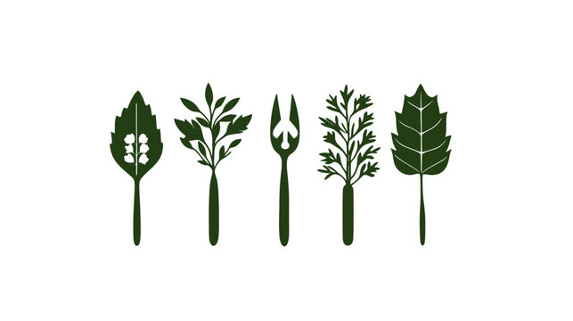 Minimalist silhouette of five various green plants and a fork on a clean white background