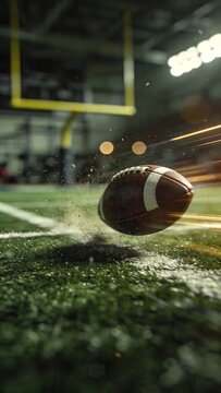 American football ball in motion on a stadium field with goalposts in background