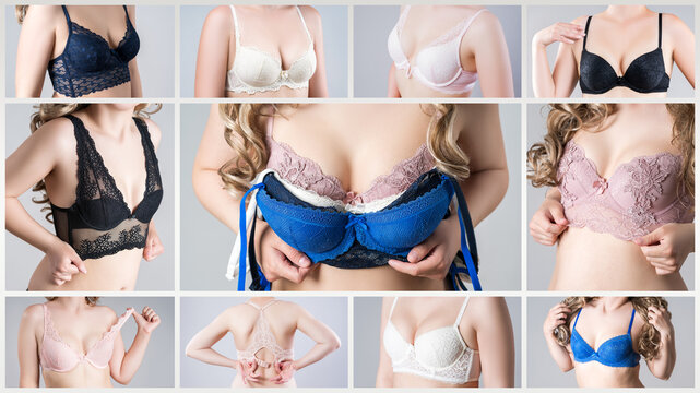 Collage of female breast in various lace bras. Woman choosing lingerie. Underwear fashion, bra fitting, wardrobe and shopping concept