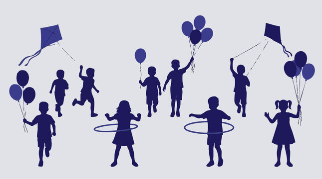Silhouettes of happy children playing with kites, balloons, and hula hoops