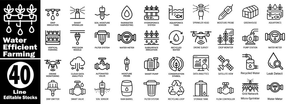 Smart water Water Efficiency farming management for agriculture line icons featuring automated valves, irrigation controllers soil moisture probes, and recycled plumbing solutions.