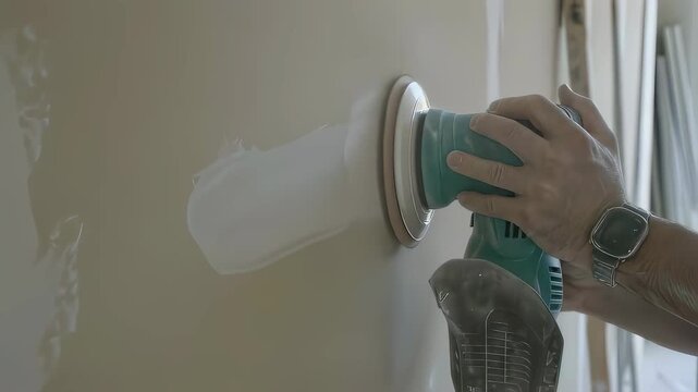 Man using electric sander to smooth drywall surface. Construction worker sanding white wall during interior renovation. Professional home repair and manual housework.