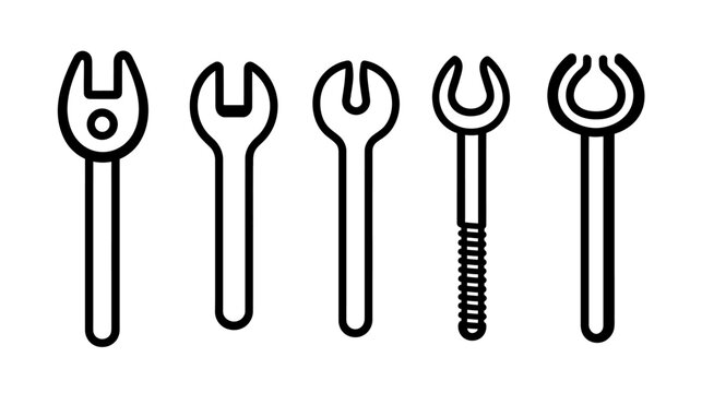 Linear illustration of five different wrench icons, tools, black outlines on white background