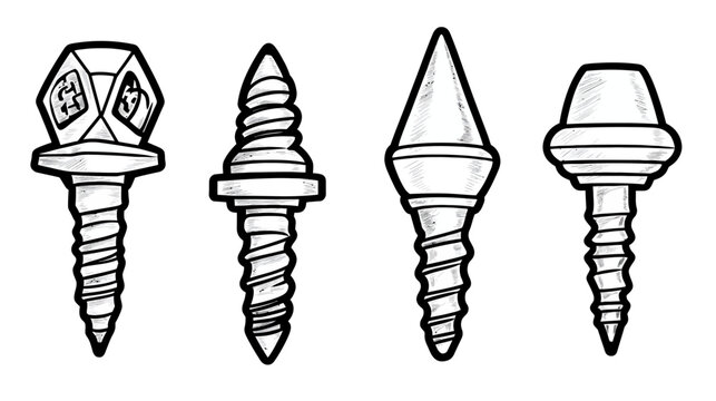 Hand-drawn monochrome illustration of four stylized screws with diverse head shapes and threaded shafts
