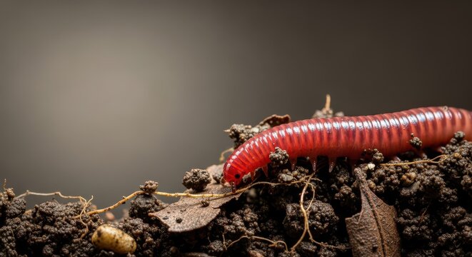 An essential earthworm partially exposed, crawling on damp, nutrient-rich dirt, highlighting its role in soil ecology, earthworm, essential, vital