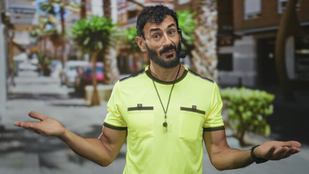 Man referee with whistle on lanyard, palms up shrug gesture, beard, headset microphone and yellow jersey on street, mid gesture; playful doubt.
