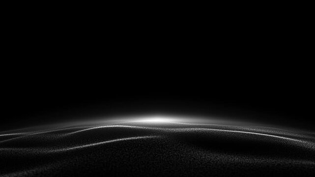 Black wave space waves forming monochromatic ripple oscillation across smooth digital terrain field horizon expanse luminous grayscale energy pattern deep void dimension loop minimal dark backdrop