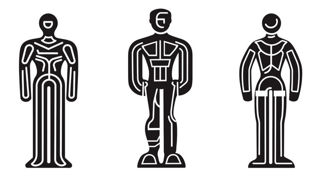 Three stylized human figures, depicted in black and white with geometric internal designs