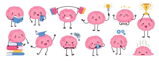 Brain education mascot character poses. Cute cartoon mind with idea, reading, winner with trophy cup, in graduation hat, scrolling, exercise vector set