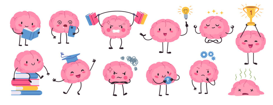 Brain education mascot character poses. Cute cartoon mind with idea, reading, winner with trophy cup, in graduation hat, scrolling, exercise vector set