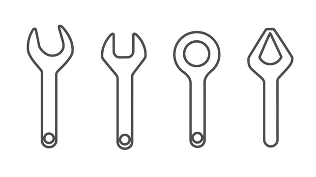 A white background hosts four gray outlined wrenches, each distinct shape. Tools for mechanical work