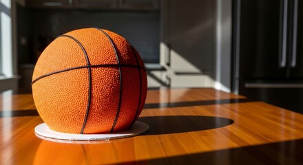 Fototapeta premium Basketball Cake on Wooden Table in Sunlight