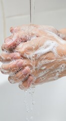 Fototapeta premium Close up view of soapy lather covering the surfaces of hands and palms during a thorough handwashing routine under running tap water for cleanliness, daily ritual, palms, rinsing