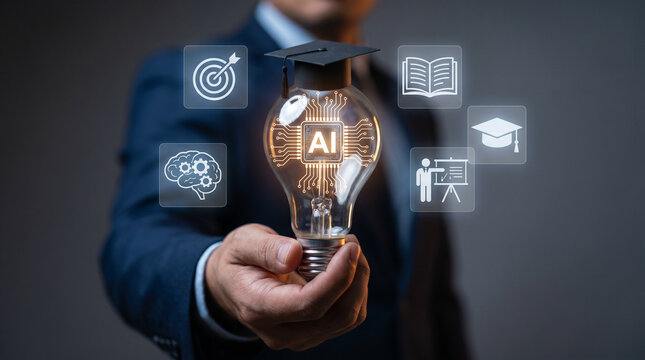 Businessman holding glowing AI light bulb with graduation cap and education icons symbolizing artificial intelligence learning.
