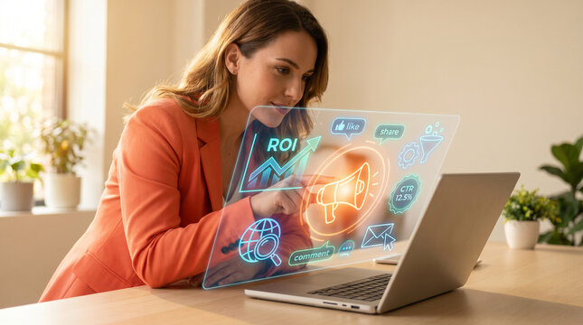 Businesswoman pointing at holographic digital marketing dashboard with SEO, social media, ROI graph and campaign analytics icons on laptop.