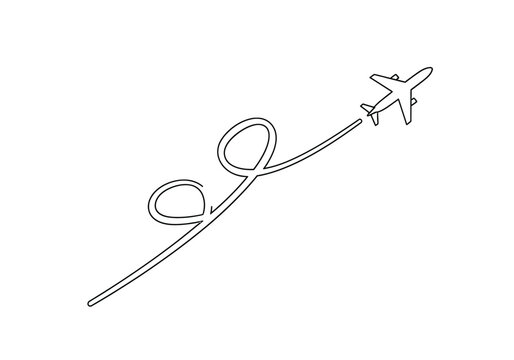 Continuous line drawing of an airplane flying in the sky with a loopy smoke trail