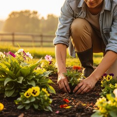 Fototapeta premium Gardener planting flowers in golden hour light