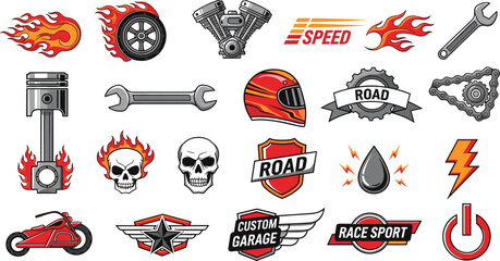 Vector Set of Speed and Motorsport Icons, Featuring Flames, Engine Parts, Skull, Helmet, Motorcycle, and Road Symbols for Racing, Garage, and Custom Car Designs © Nurjjaman