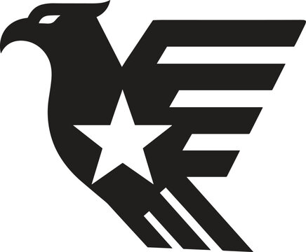 Stylized black eagle logo with angular geometric wings and central star symbolizing strength, freedom, patriotism, and modern design