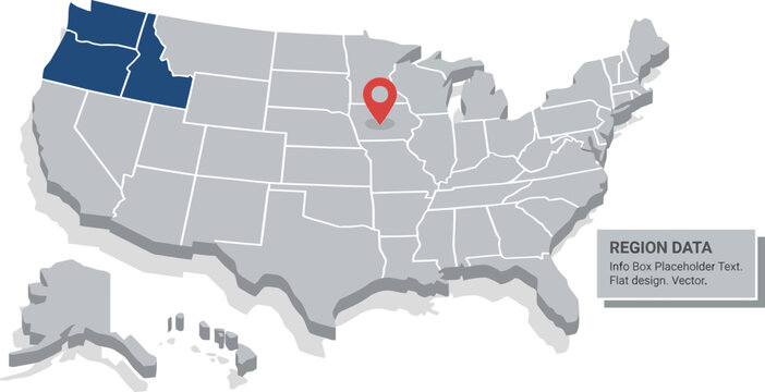 Map of the United States features a highlighted Pacific Northwest region and a red location pin placed in the Midwest to indicate specific geographic data points.