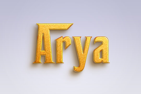 Gold text effect of Indonesian name Arya on light-blue background.