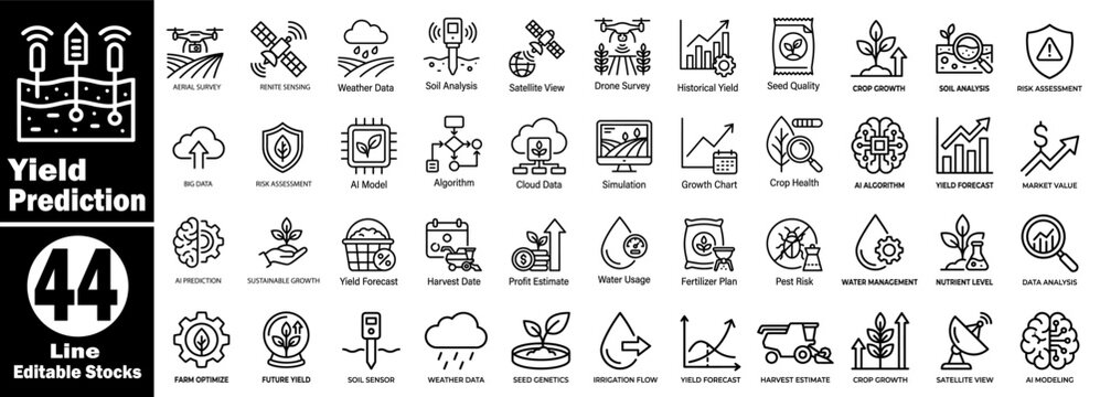 Yield prediction line icon set with advanced agriculture technology. The modern farming innovation collection includes aerial surveys, drones, and analytics.