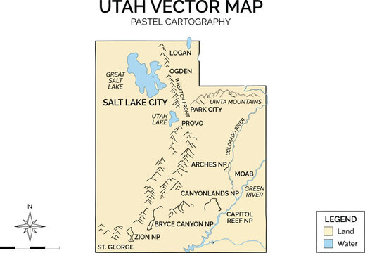 Utah vector map outlines national parks and mountain ranges within a soft pastel color palette for educational geography.