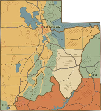 Topographical map of Utah illustrates diverse terrain features including mountain ranges, plateaus, and major water bodies across the state landscape.