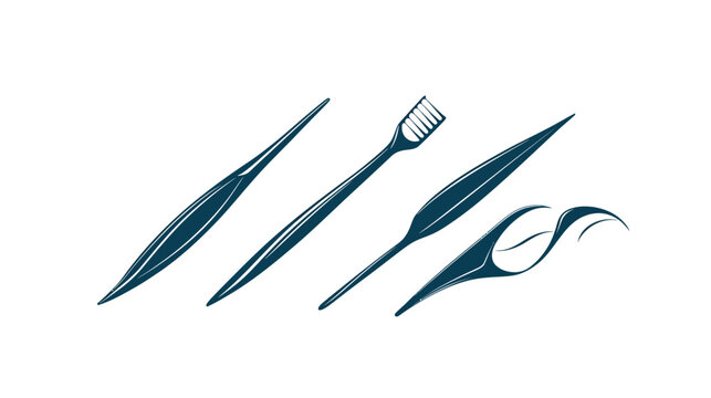 Minimalist illustration of dental hygiene tools picks, toothbrush, and floss on white background