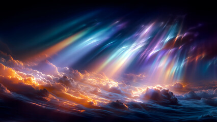 Obraz premium Celestial Symphony: A breathtaking depiction of the cosmos, where vibrant light beams pierce through voluminous clouds, illuminating the heavens in a spectrum of colors.