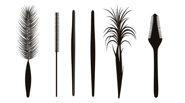 Black graphic illustrations of various mascara wands and applicators, arranged on a white background