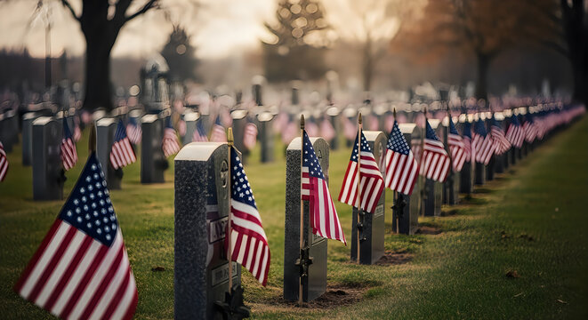 Honoring veterans a patriotic flag day display at a cemetery with american flags