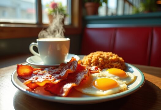 Retro Diner Breakfast Delight: Bacon, Eggs and Hashbrowns Traditional Morning Feast