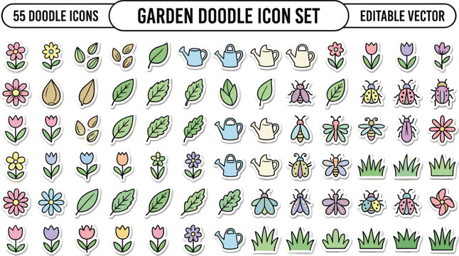 Garden doodle icon set with flowers leaves insects watering cans grass nature elements cute editable botanical vector collection