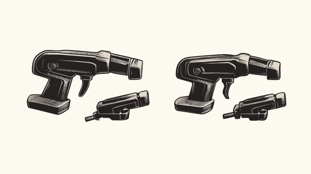 Monochrome illustration of two similar stylized, futuristic gun-like objects and components