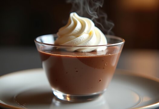 Rich Chocolate Mousse in Glass Cup Topped with Fluffy Whipped Cream Decor