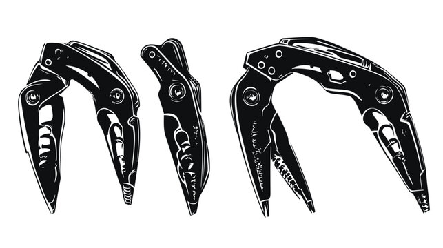 A black and white illustration of multi-tools, displayed in different open and closed positions