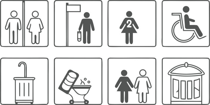 Public Restroom Icons Set, Toilet, Shower, Wheelchair, Baby, Trash Symbols Vector