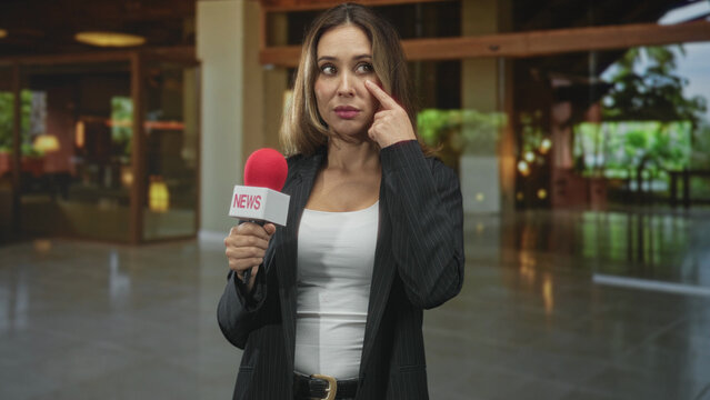 Woman reporter holding red microphone touches cheek near eye while reporting in a building lobby; emotional concern.