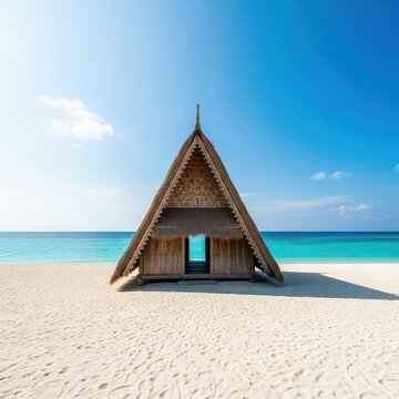 Traditional wooden huts with thatched roofs sitting peacefully on a pristine sandy beach under a clear blue sky, overlooking the turquoise ocean water, traditional, coastal, tropical