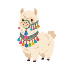 Naklejka premium An adorable llama wears colorful tassels and a decorative harness standing alone