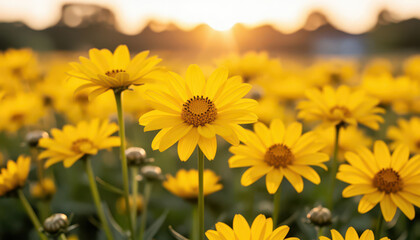 A field of yellow daisies is illuminated by the setting sun. The daisies bloom brightly, creating a vibrant scene filled with cheerful yellow flowers. © maxximmm