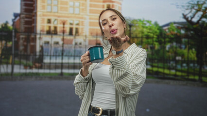 Fototapeta premium Woman holding mug blows kiss with hand toward camera in front of building; playful warmth and friendly connection.