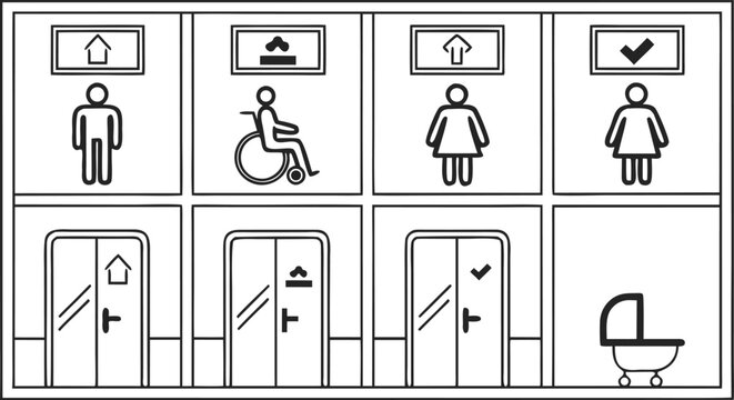Public Restroom Icons Set, Toilet, Shower, Wheelchair, Baby, Trash Symbols Vector