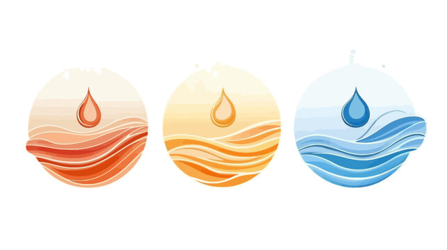 Three circular illustrations of water drops falling into wavy landscapes in warm color palettes