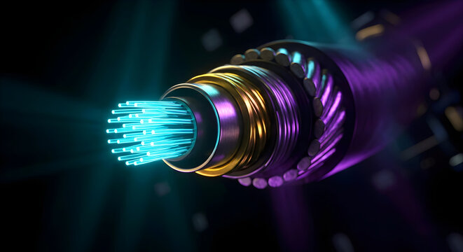 Glowing Submarine Fiber Optic Cable Cross-Section: High-Tech 3D Visualization